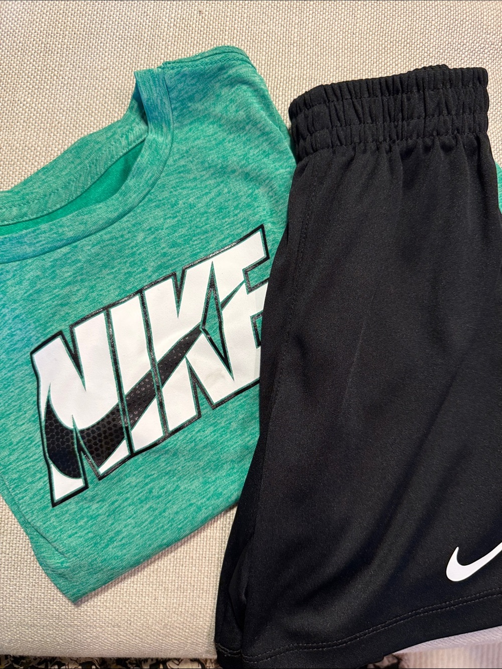 Nike Kids Green Logo Tee with Black Athletic Shorts